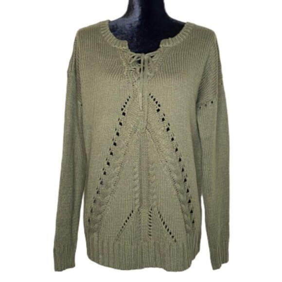 Francesca's Knit Sweater Womens Medium Large Green Long Sleeves Ribbed - Picture 1 of 16